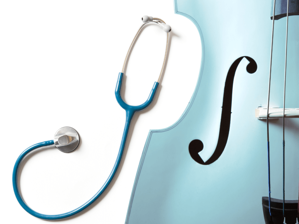 Doctor's stethoscope is next to a blue violin.